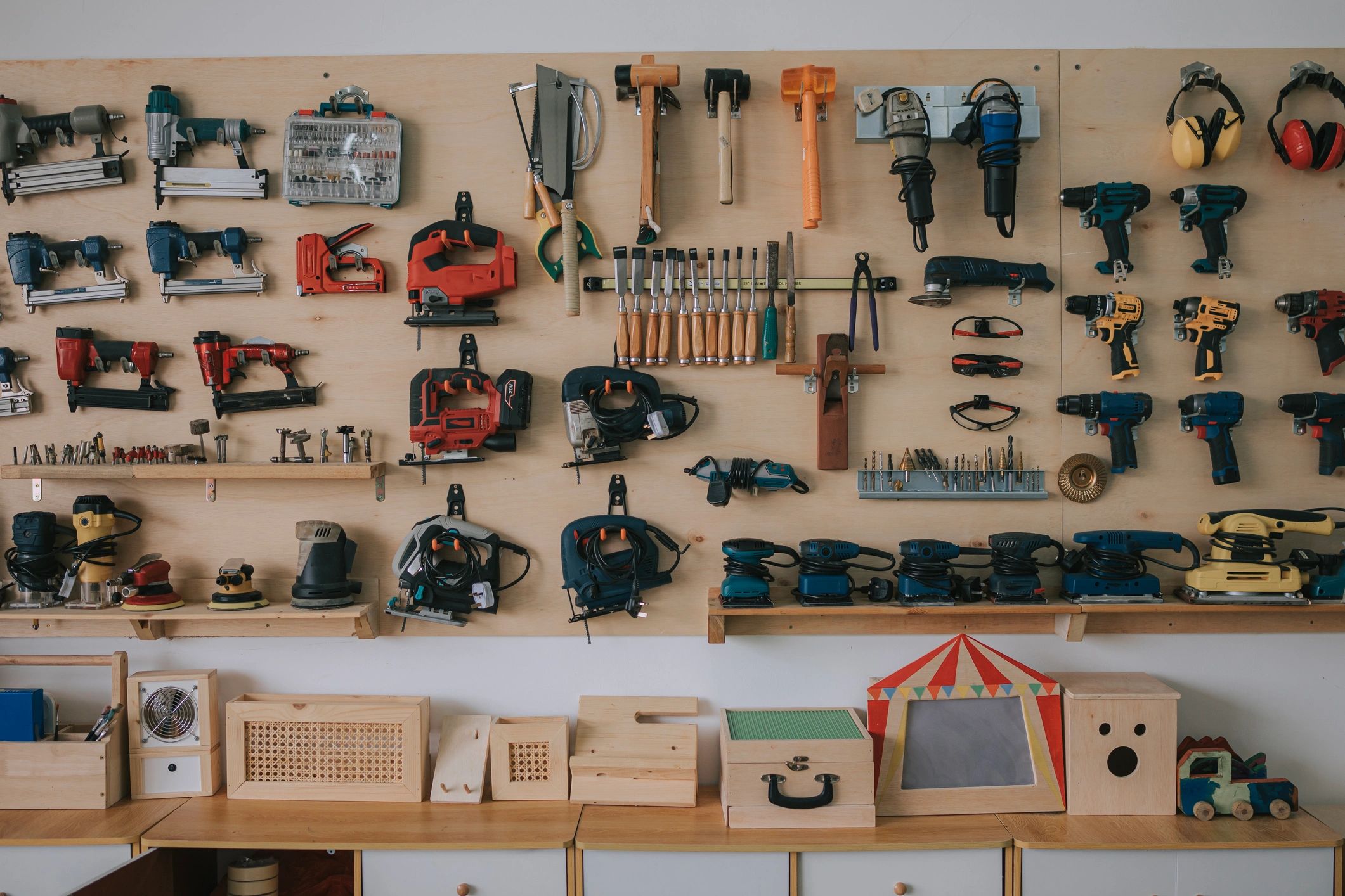 Hand tools on a workbench for simple home repairs