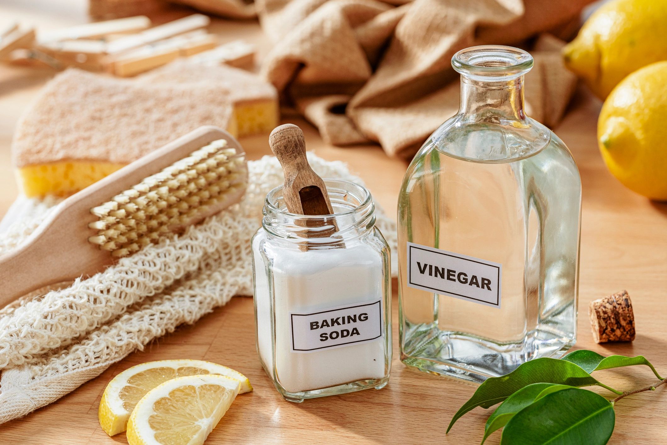 Natural home cleaning supplies including baking soda, vinegar, lemon, and brushes
