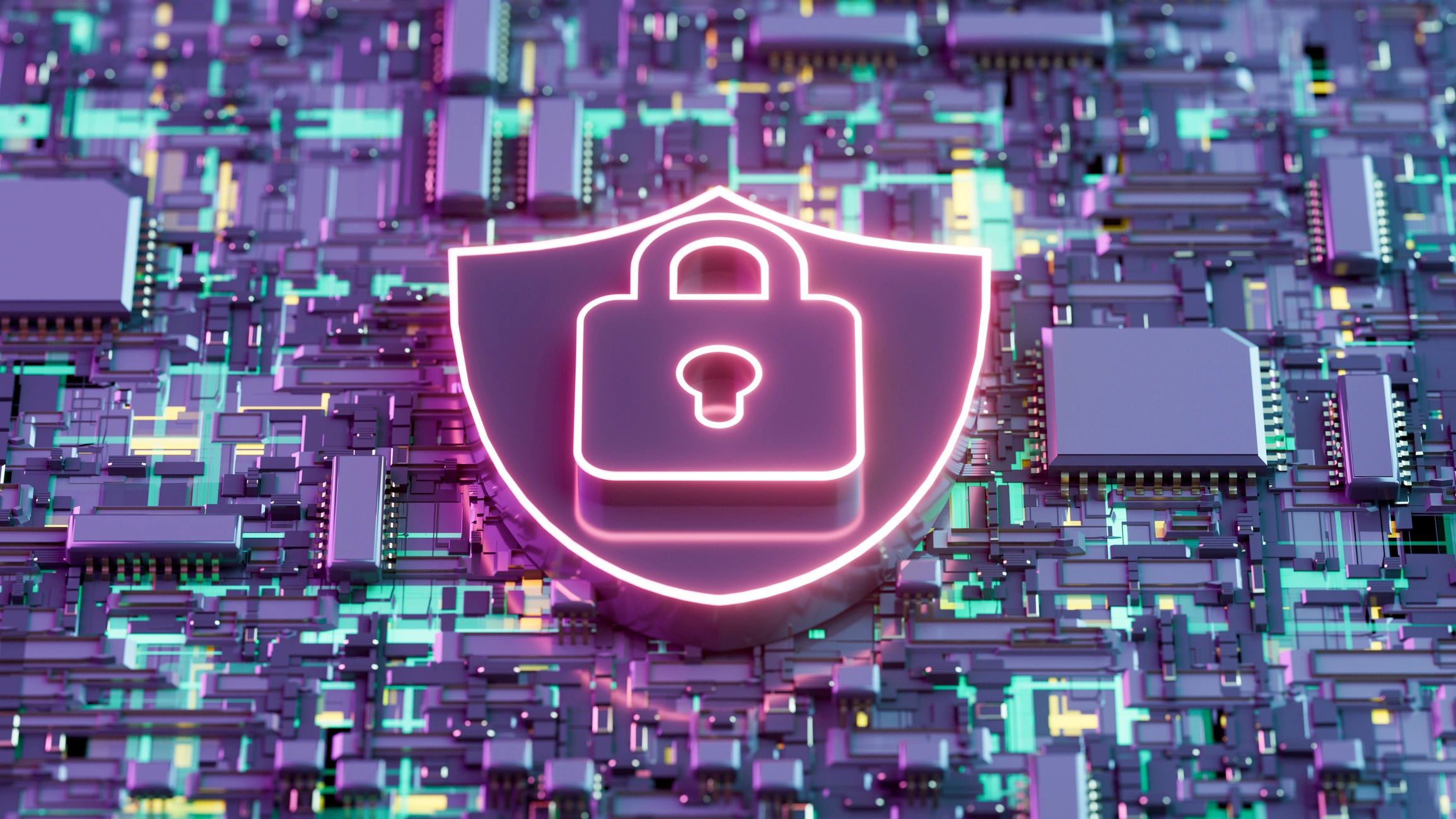 Padlock on a computer chip representing digital security