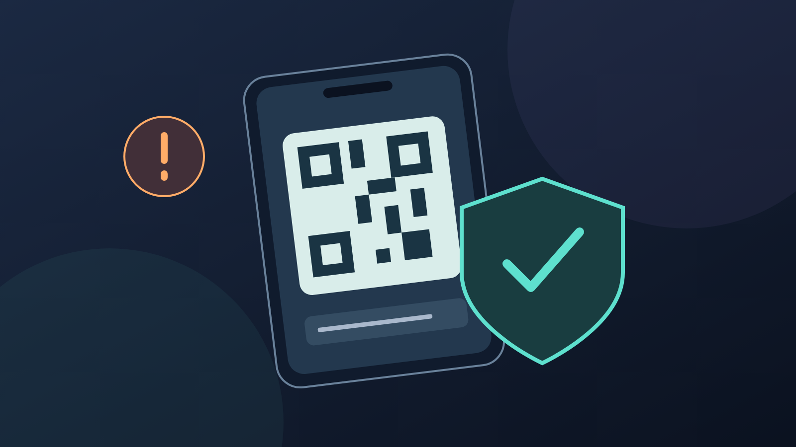 Conceptual phone and QR-style card beside a shield; the pattern is decorative and not a usable QR code.