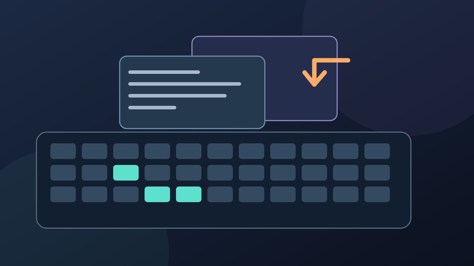 Illustrated keyboard with highlighted shortcut keys beside overlapping document windows.