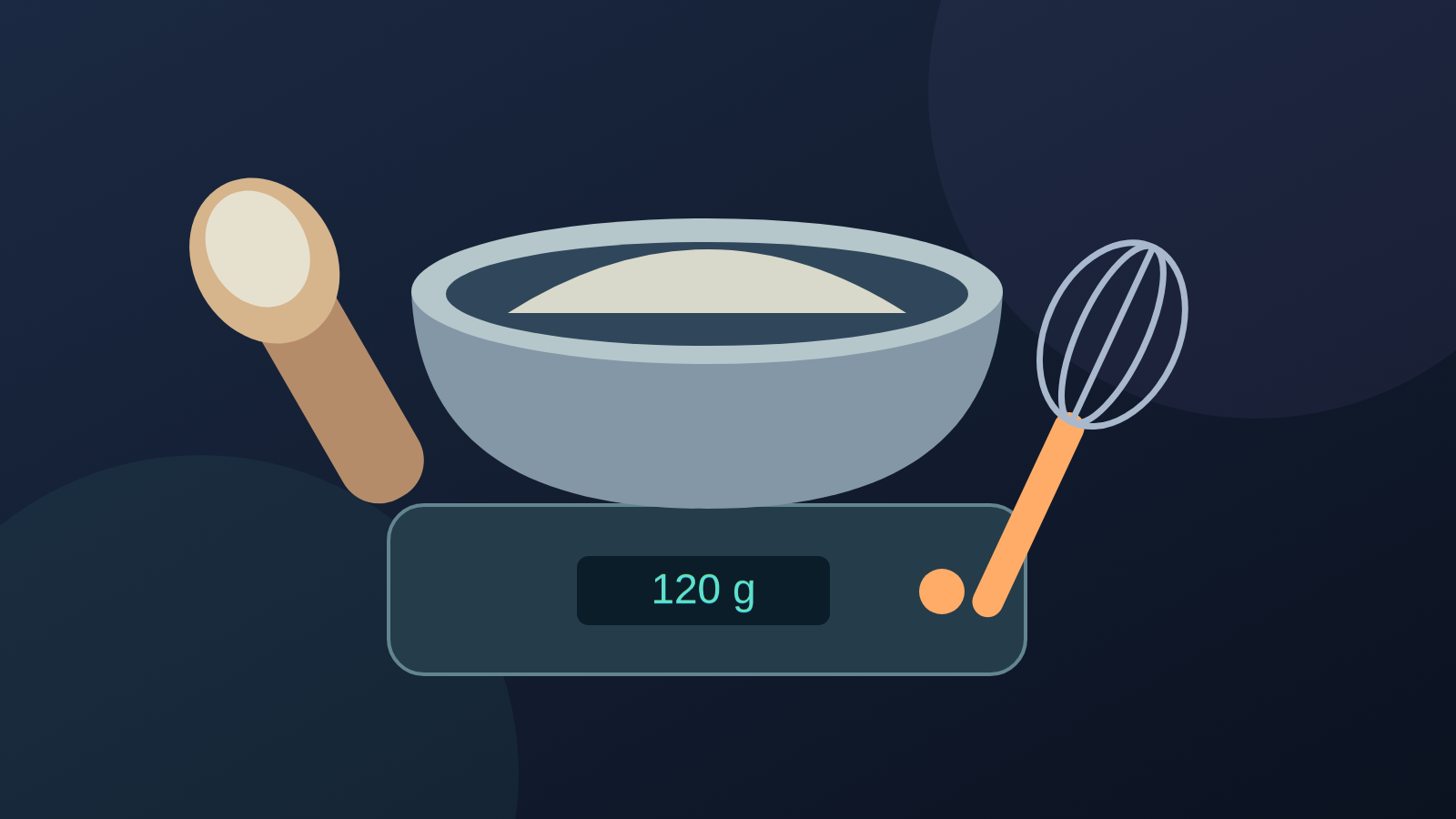 Illustrated mixing bowl on a digital kitchen scale beside a flour scoop and a whisk.