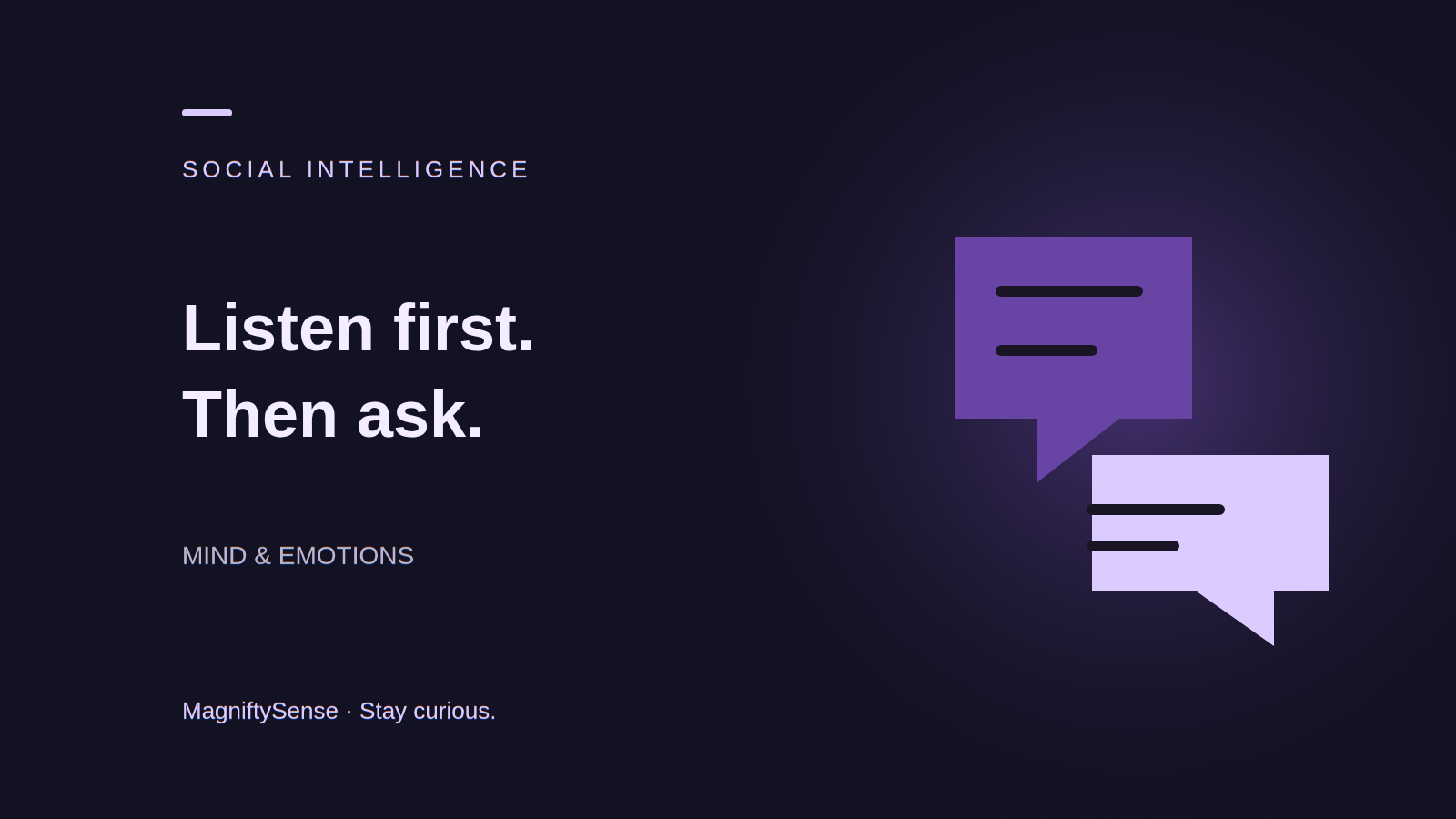 Original violet illustration with the words Listen first. Then ask.