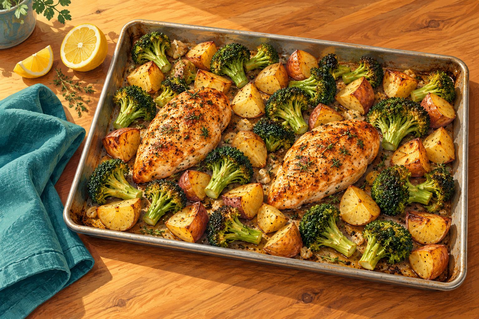Illustration of roasted chicken, potatoes, and broccoli on a sheet pan, with lemon and a teal napkin.