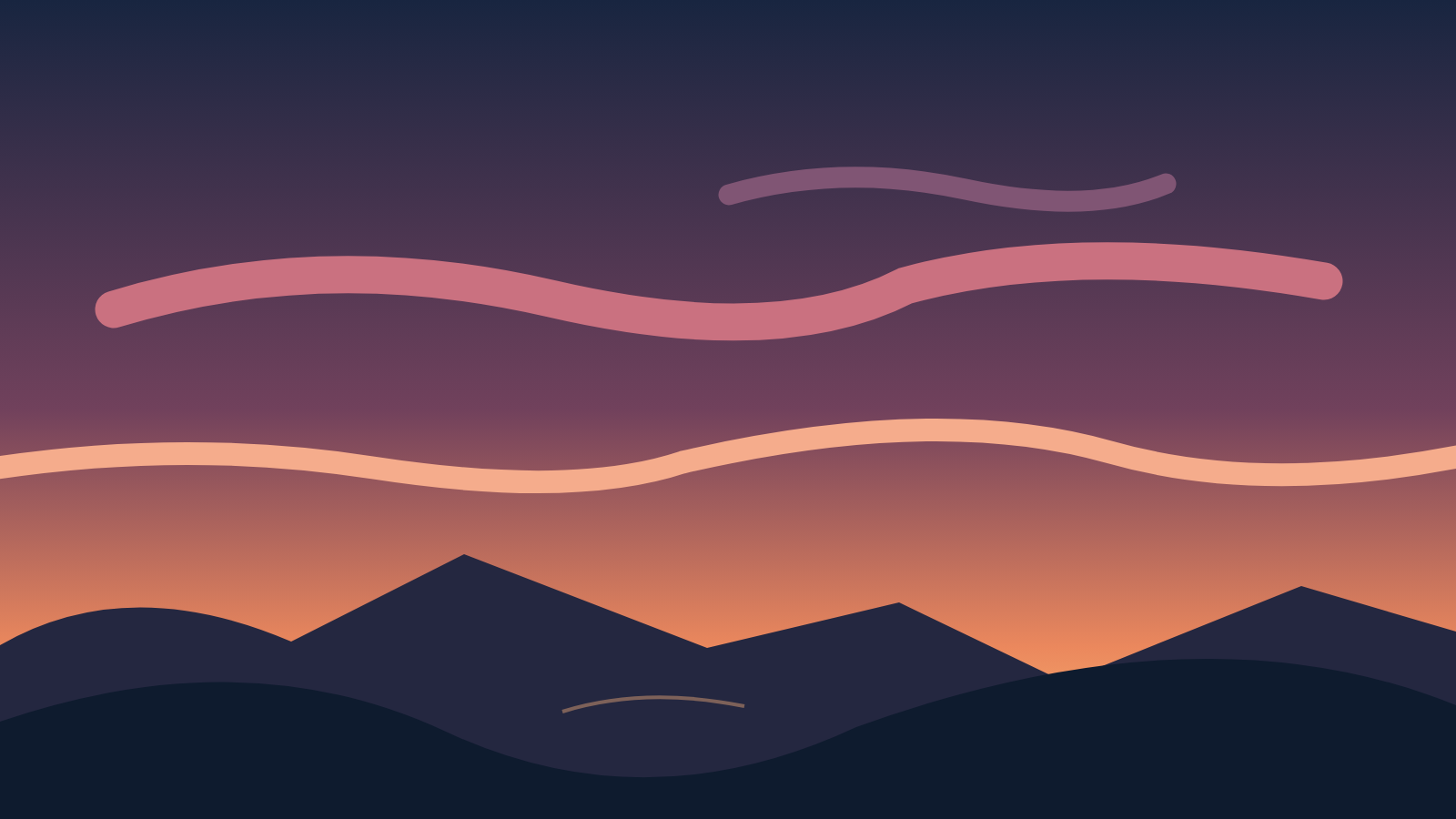 Stylized orange and pink twilight above dark hills, with layers of clouds.